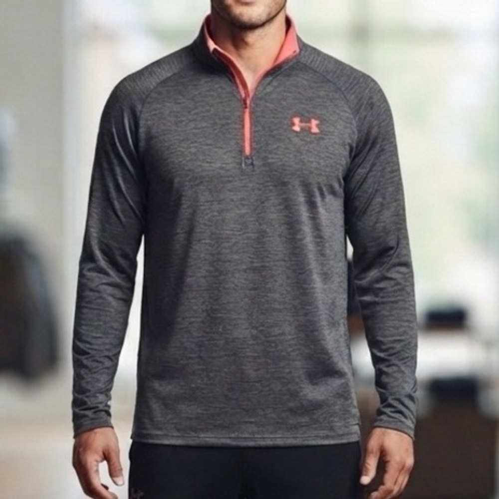Under Armour Mens HeatGear 1/4 Zip Pullover‎ Gray Neon Coral Loose Fit Small